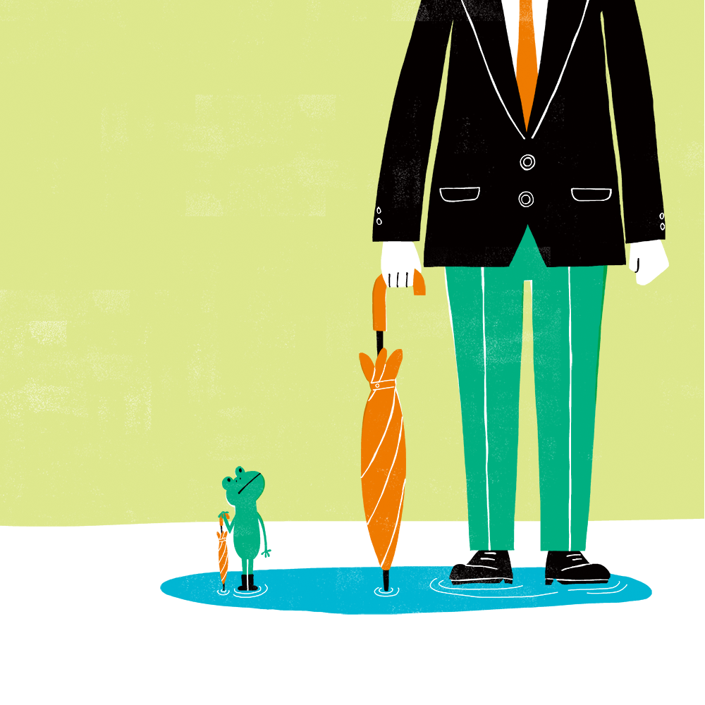 かえるとおじさん　雨上がり　イラスト